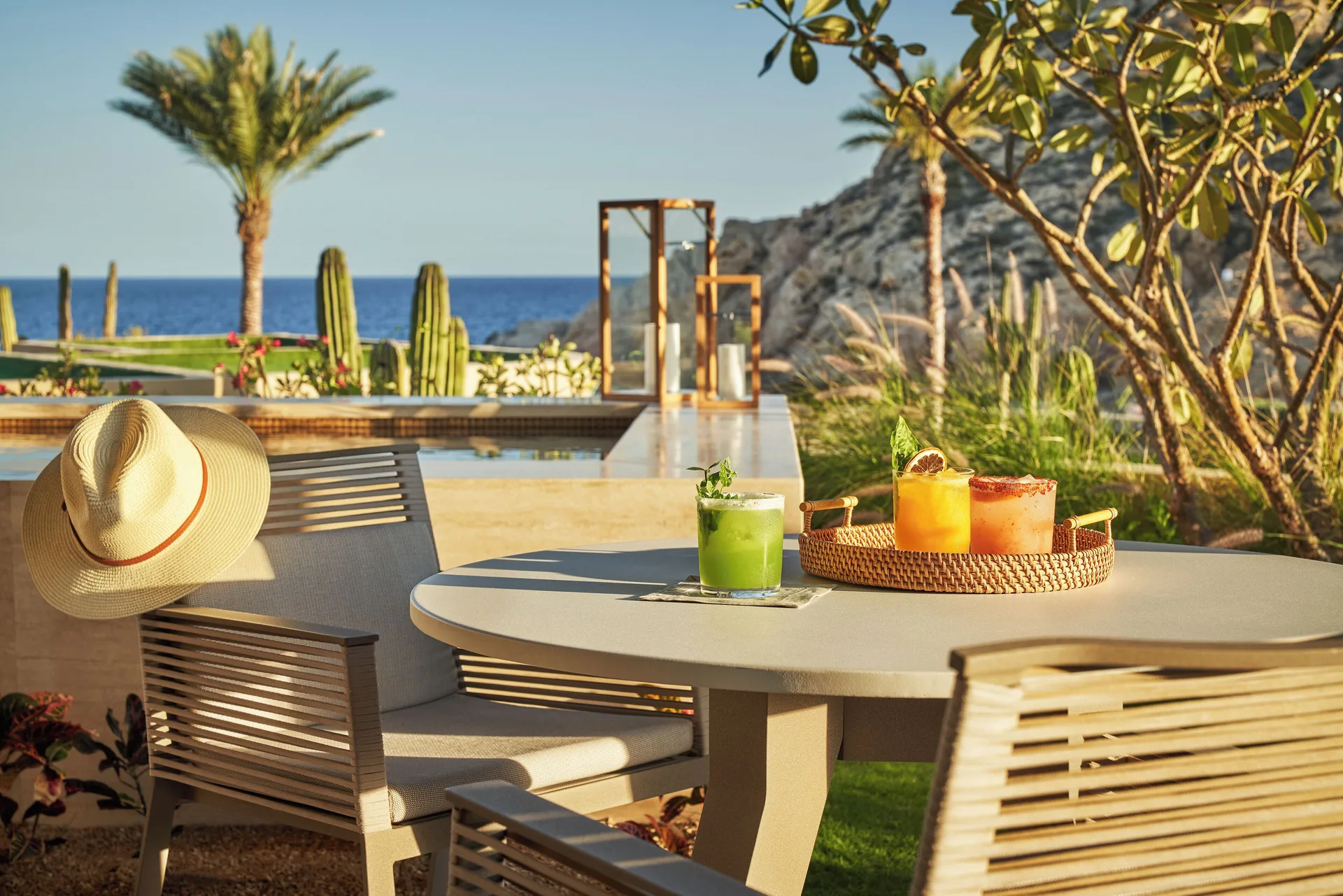 Private pool terrace with drinks at Marea One Bedroom Suite at Montage Los Cabos.