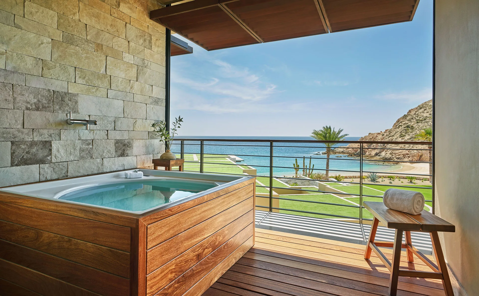 Marea Two Bedroom Suite balcony soaking tub with ocean view at Montage Los Cabos.