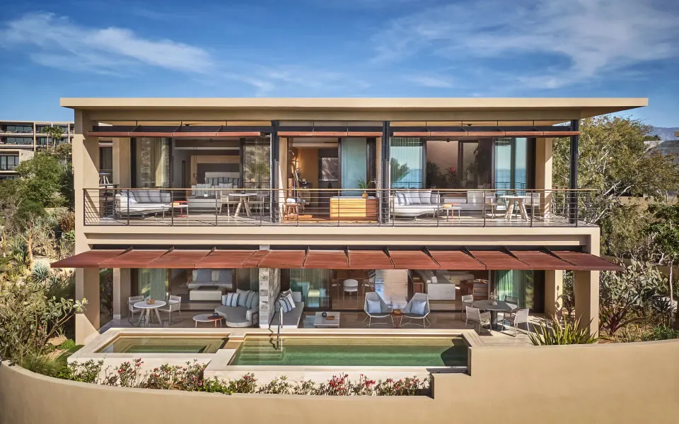 Exterior of Marea Two Bedroom Suite with balconies and pool at Montage Los Cabos.