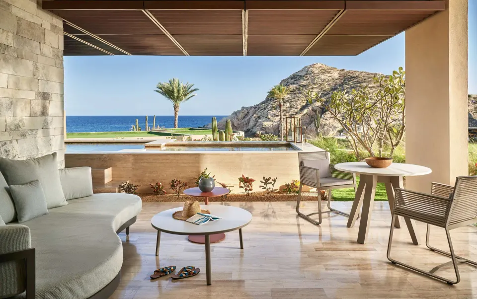 Outdoor lounge and dining terrace of Marea Two Bedroom Suite at Montage Los Cabos.