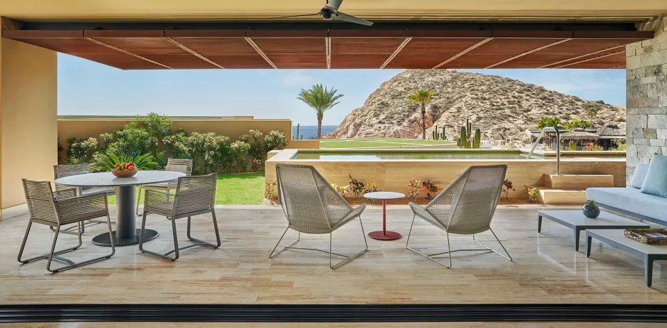 Covered terrace seating and private pool at Montage Los Cabos.