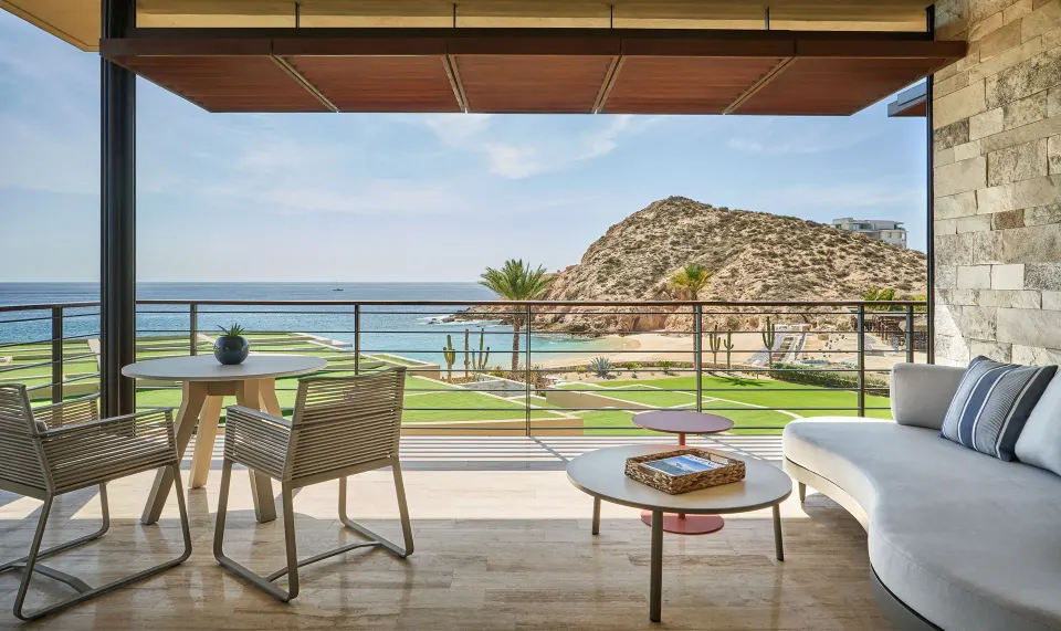 Upper terrace seating with beach and ocean view at Montage Los Cabos.