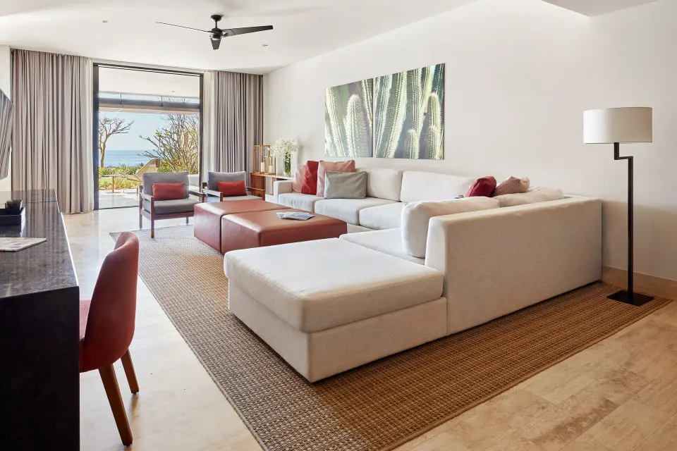 Ocean Front Two Bedroom Suite living room with ocean view at Montage Los Cabos.