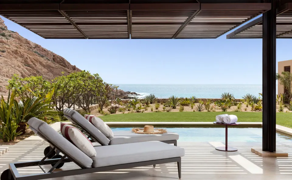 Ocean Front Two Bedroom Suite terrace with pool and sea view at Montage Los Cabos.