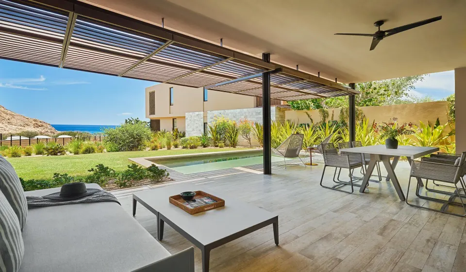 Ocean View One Bedroom Suite covered terrace and plunge pool at Montage Los Cabos.
