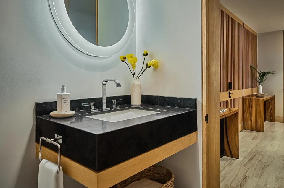 Ocean View One Bedroom Suite bathroom vanity and dressing area at Montage Los Cabos.