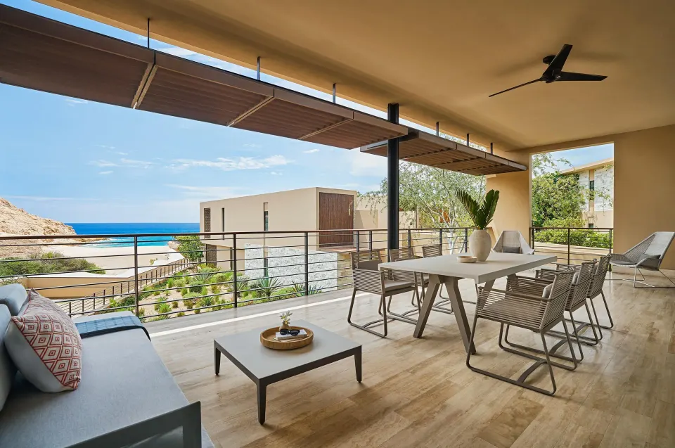 Ocean View One Bedroom Suite terrace with dining table and ocean view at Montage Los Cabos.