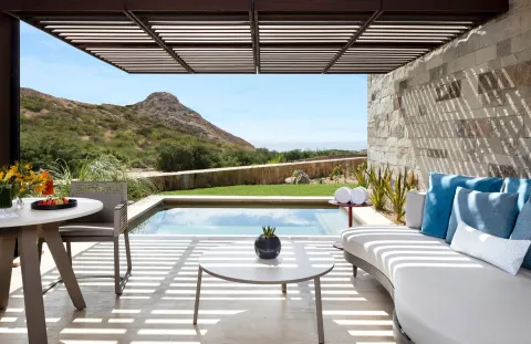 Ocean View Room with Pool terrace at Montage Los Cabos with plunge pool, daybed and ocean view.
