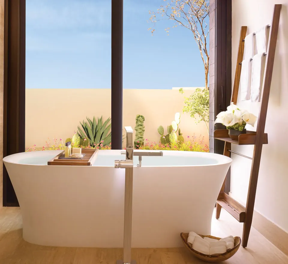 Freestanding bathtub in an Ocean View Two Bedroom Residence bathroom at Montage Los Cabos.