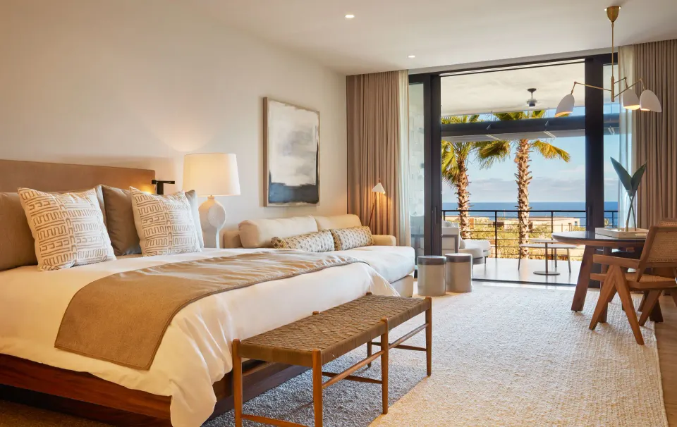Ocean View Two Bedroom Residence king bedroom with balcony view at Montage Los Cabos.