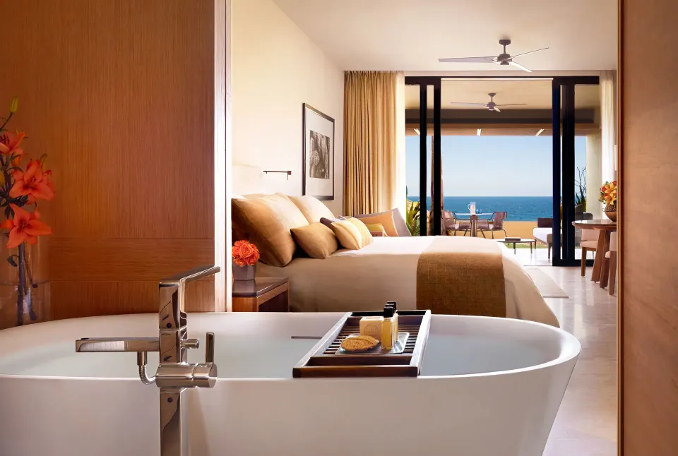 Ocean View Two Bedroom Residence bathtub and bedroom view at Montage Los Cabos.