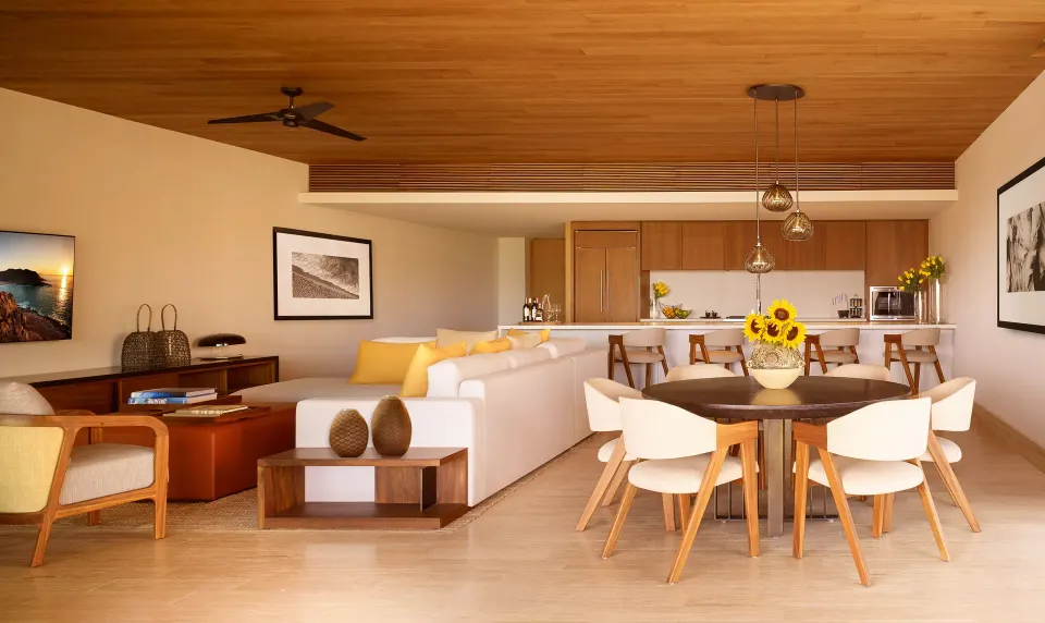 Ocean View Two Bedroom Residence living and dining room at Montage Los Cabos.