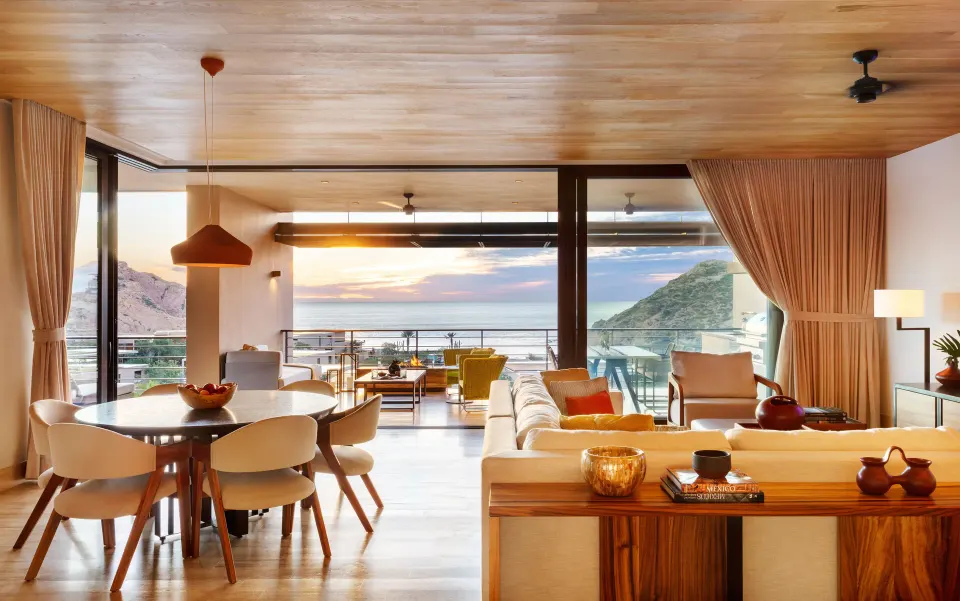 Ocean View Two Bedroom Residence living room with ocean view at Montage Los Cabos.