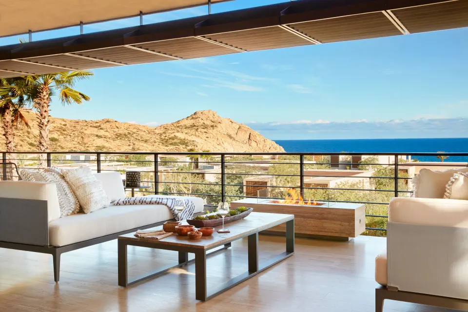 Ocean View Two Bedroom Residence terrace with ocean and mountain views at Montage Los Cabos.