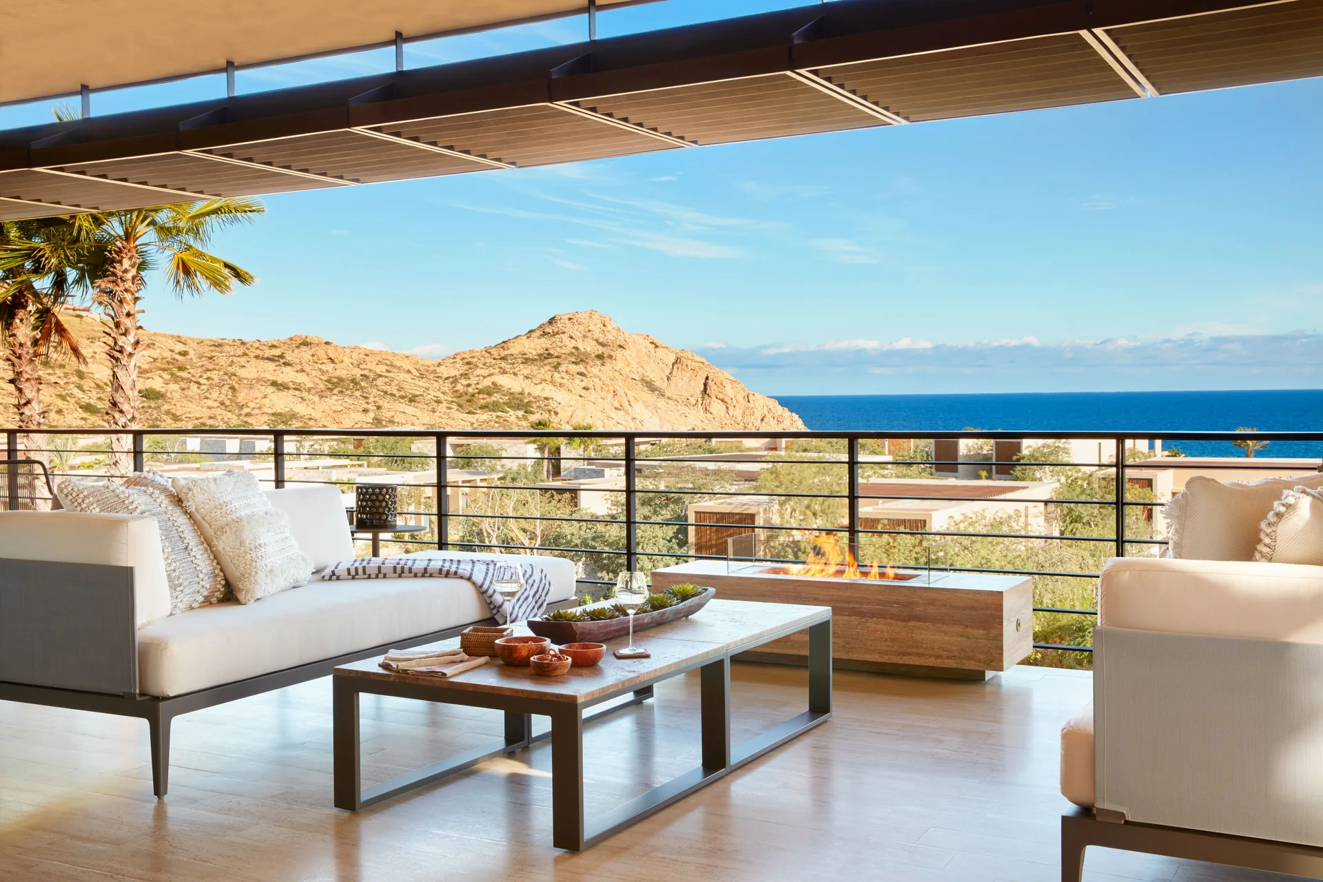 Ocean View Two Bedroom Residence terrace with ocean and mountain views at Montage Los Cabos.