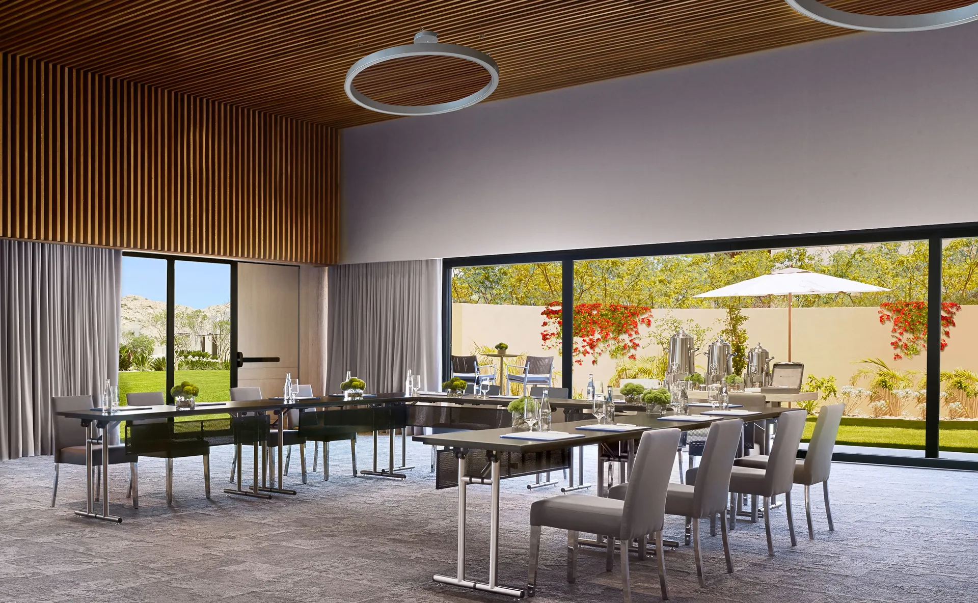 Meeting room with classroom tables and garden views at Montage Los Cabos.