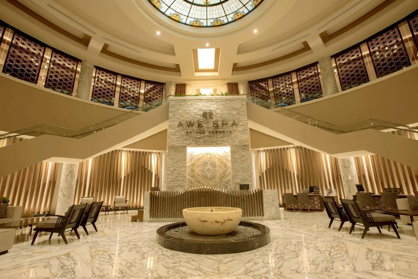 Grand Awe Spa lobby with central fountain at Moon Palace Cancun.