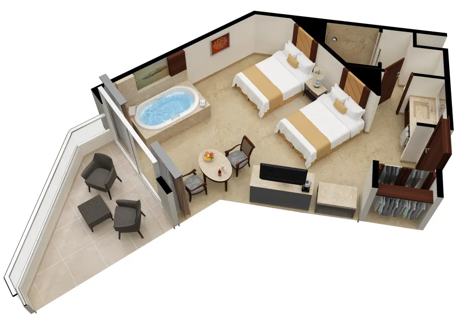 Floor plan rendering of a two-bed Superior Deluxe Garden View room at Moon Palace Cancun.