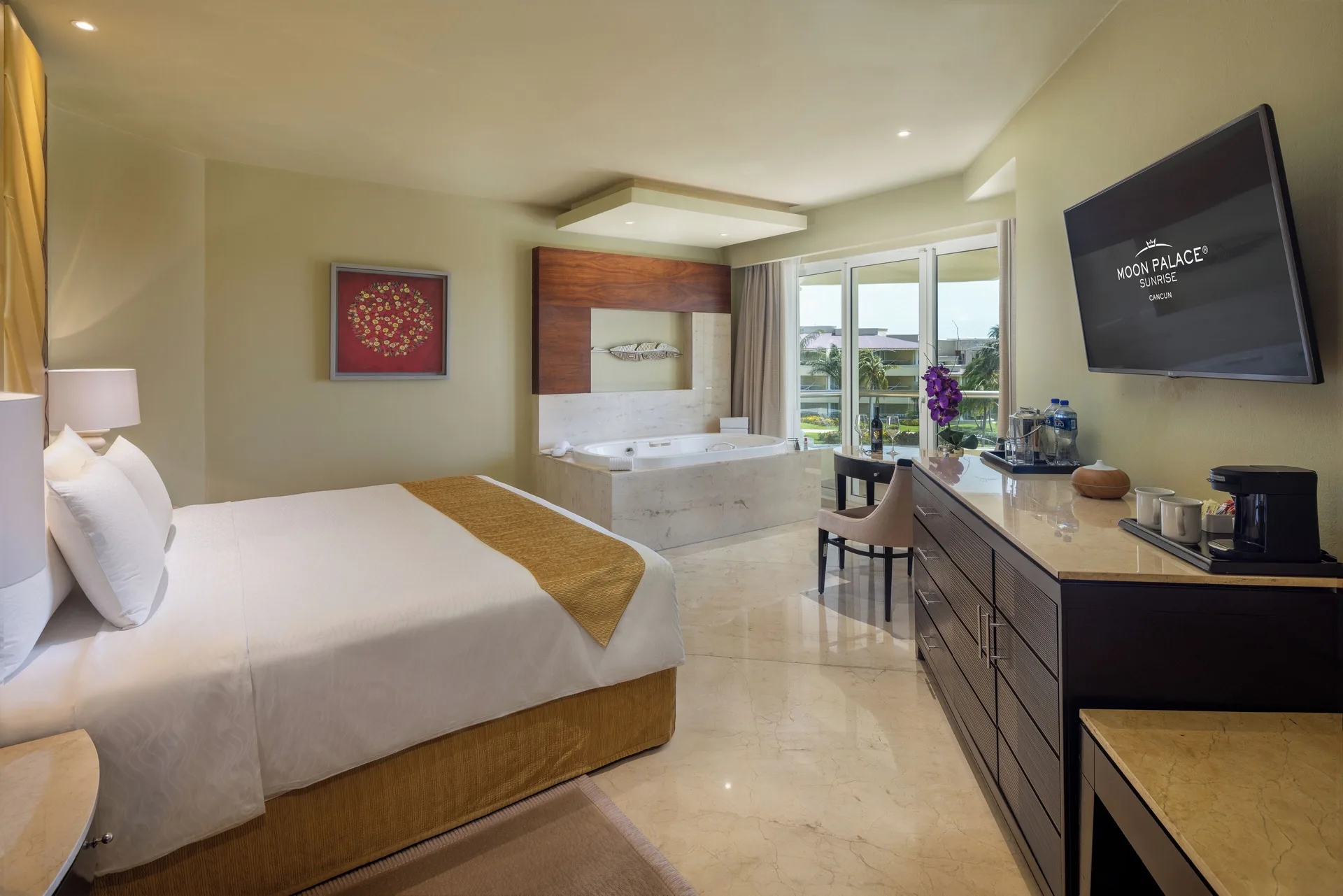 Superior Deluxe Garden View king room with in-room tub at Moon Palace Cancun.