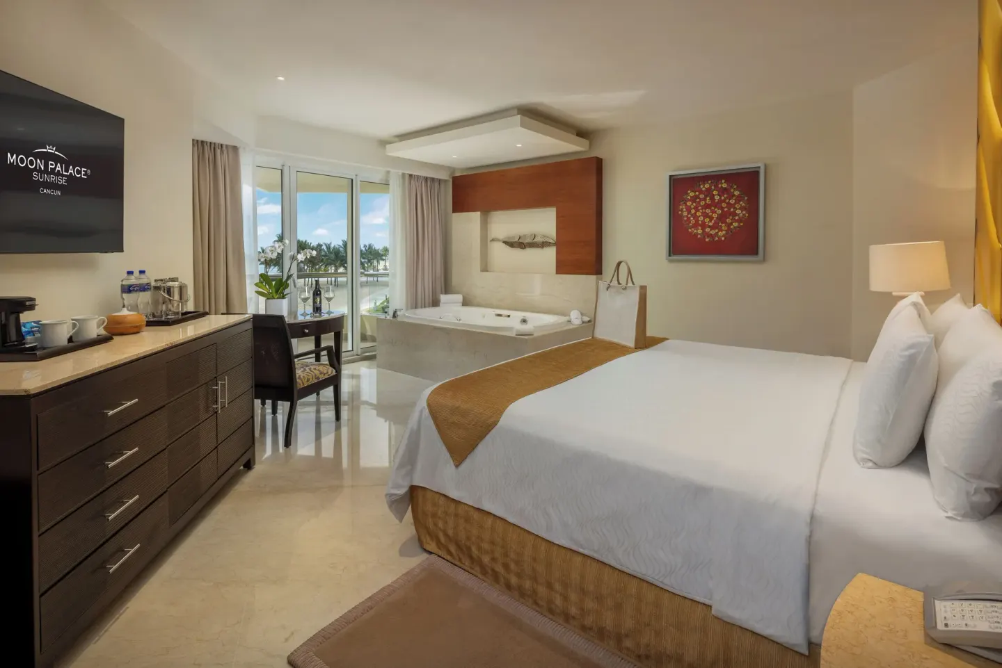 Superior Deluxe Ocean View king room with whirlpool tub at Moon Palace Cancun.