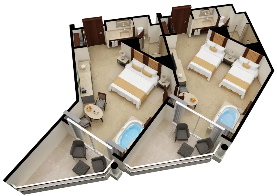 3D layout of Superior Family Deluxe connecting rooms at Moon Palace Cancun.
