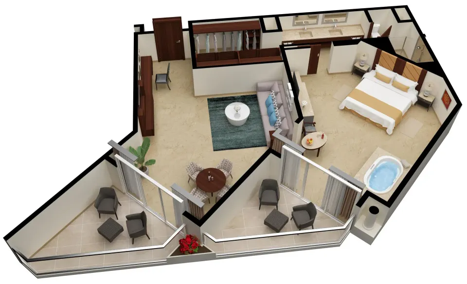Superior Governor Suite floor plan with bedroom, living room, balconies and tub at Moon Palace Cancun.