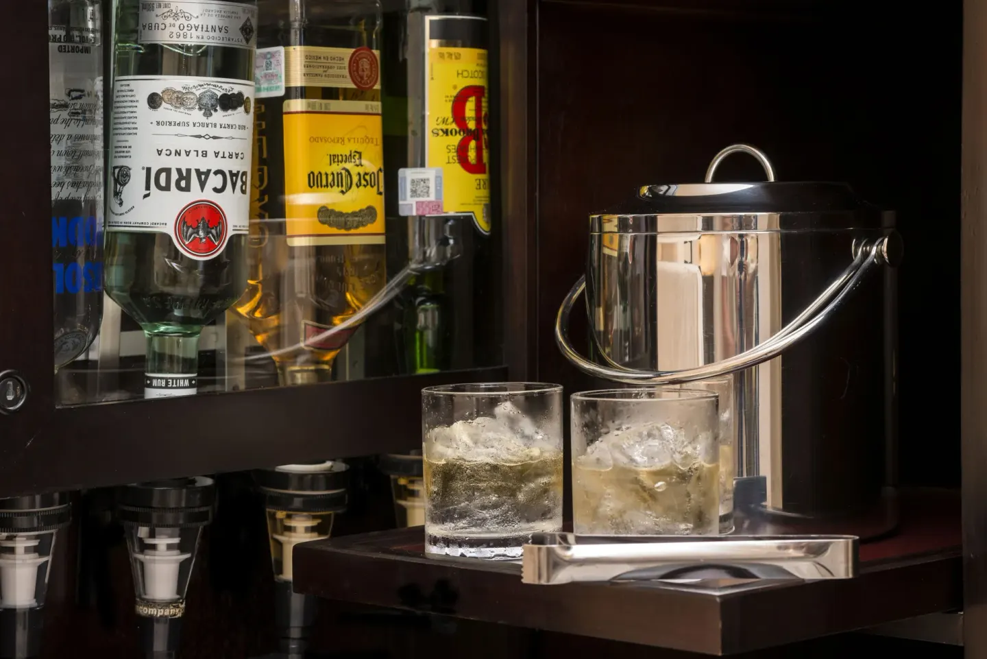 Superior Honeymoon Suite liquor cabinet and ice bucket at Moon Palace Cancun.