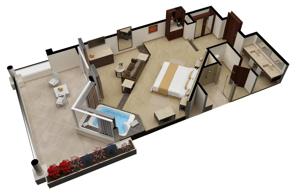 3D floor plan of a Superior Junior Suite with terrace at Moon Palace Cancun.