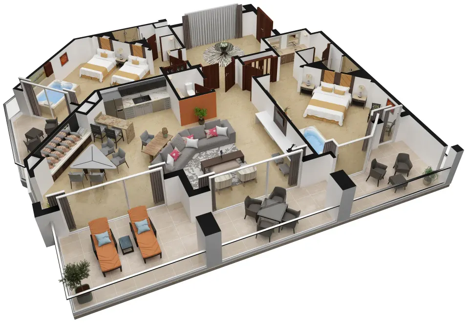 Superior Two Bedroom Presidential Suite floor plan rendering at Moon Palace Cancun.