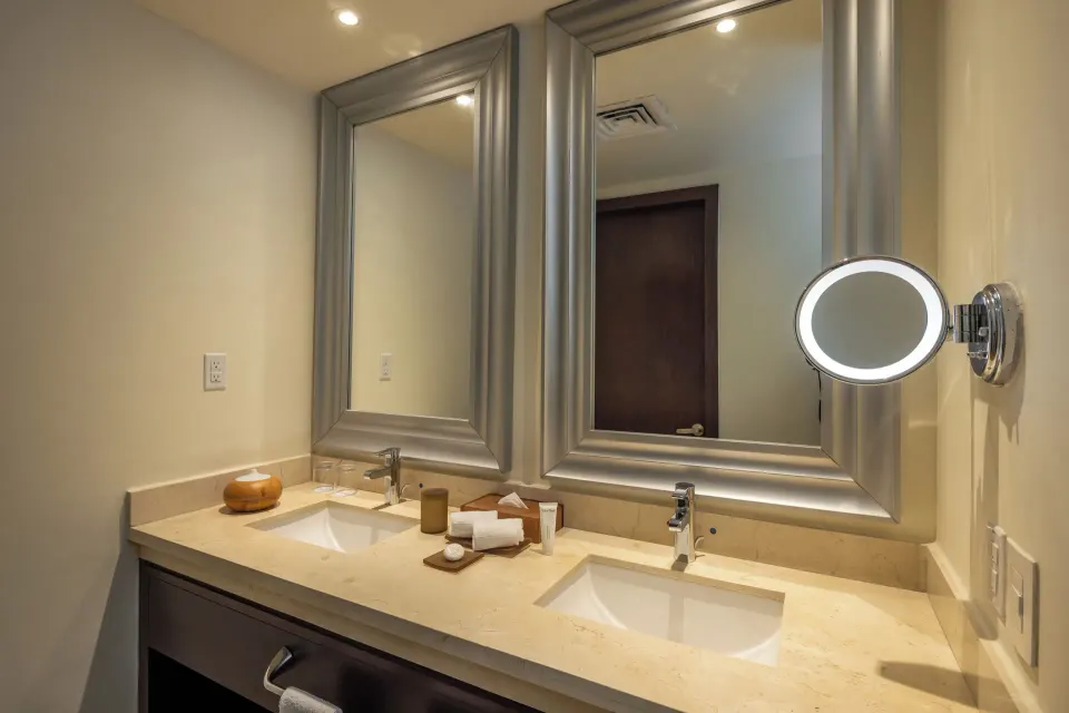 Double-sink bathroom vanity in a Superior Two Bedroom Suite at Moon Palace Cancun.