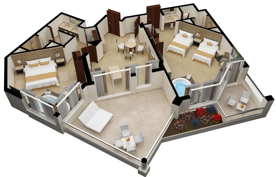 Floor plan rendering of a Superior Two Bedroom Suite at Moon Palace Cancun.