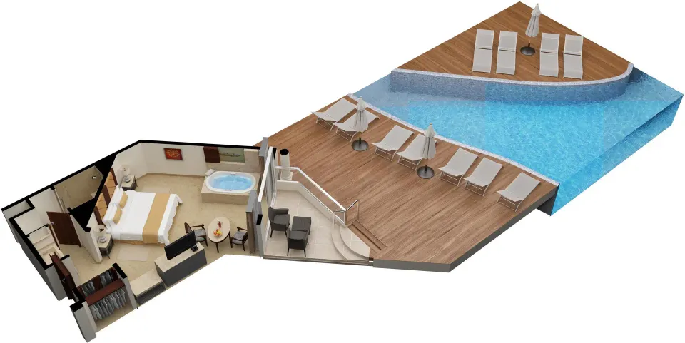 Swim Up Suite floor plan with bedroom, terrace, loungers and pool at Moon Palace Cancun.