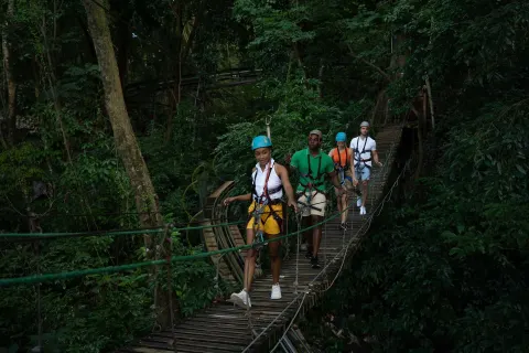 Guests cross a forest suspension bridge near Moon Palace Jamaica.