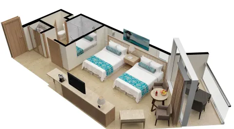 Floor plan rendering of a deluxe room with two beds and balcony at Moon Palace Jamaica.