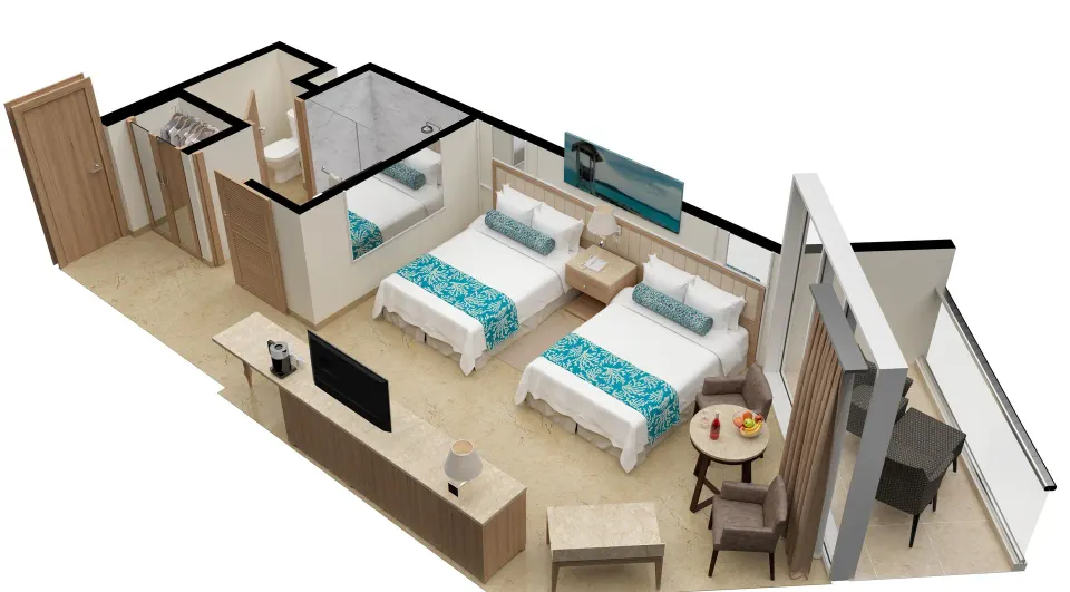 Floor plan rendering of a deluxe room with two beds and balcony at Moon Palace Jamaica.