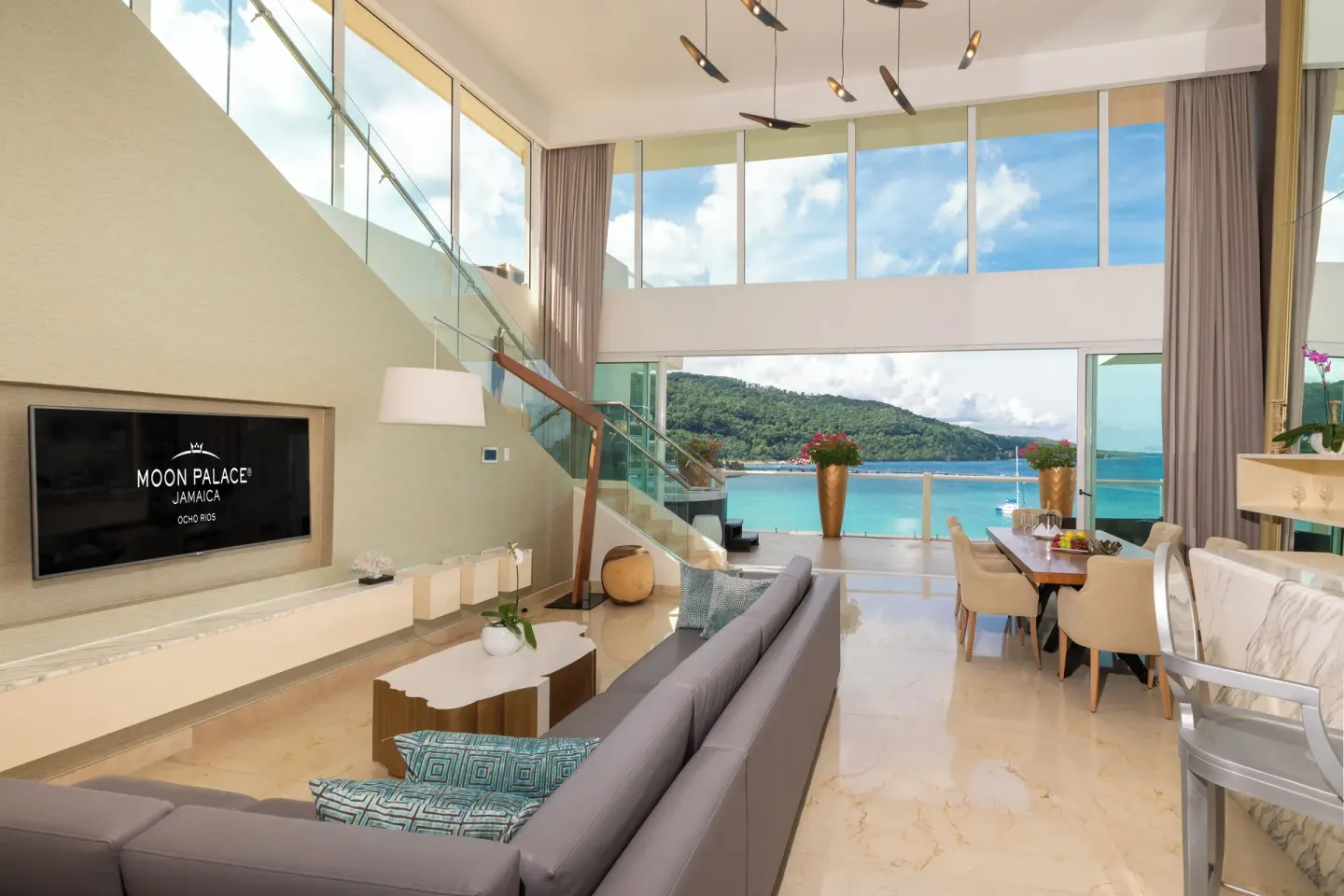 Four Bedroom Villa living and dining area with ocean view at Moon Palace Jamaica.