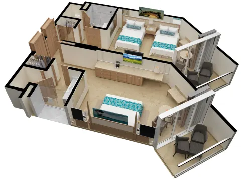 Superior Family Partial Ocean View floor plan with beds and balconies at Moon Palace Jamaica.