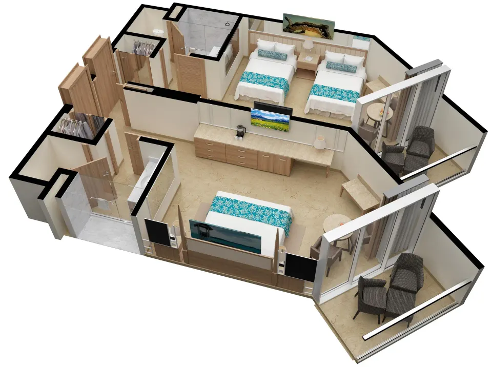 Superior Family Partial Ocean View floor plan with beds and balconies at Moon Palace Jamaica.