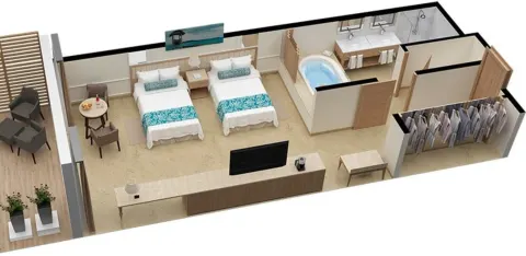 Superior Junior Suite Ocean View floor plan with two beds at Moon Palace Jamaica.