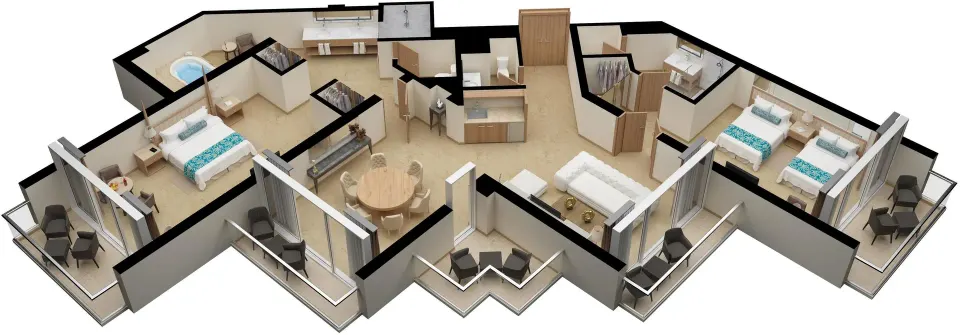 3D floor plan of a two-bedroom suite with balconies at Moon Palace Jamaica.