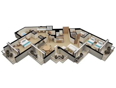 Wide 3D suite floor plan with bedrooms and balconies at Moon Palace Jamaica.