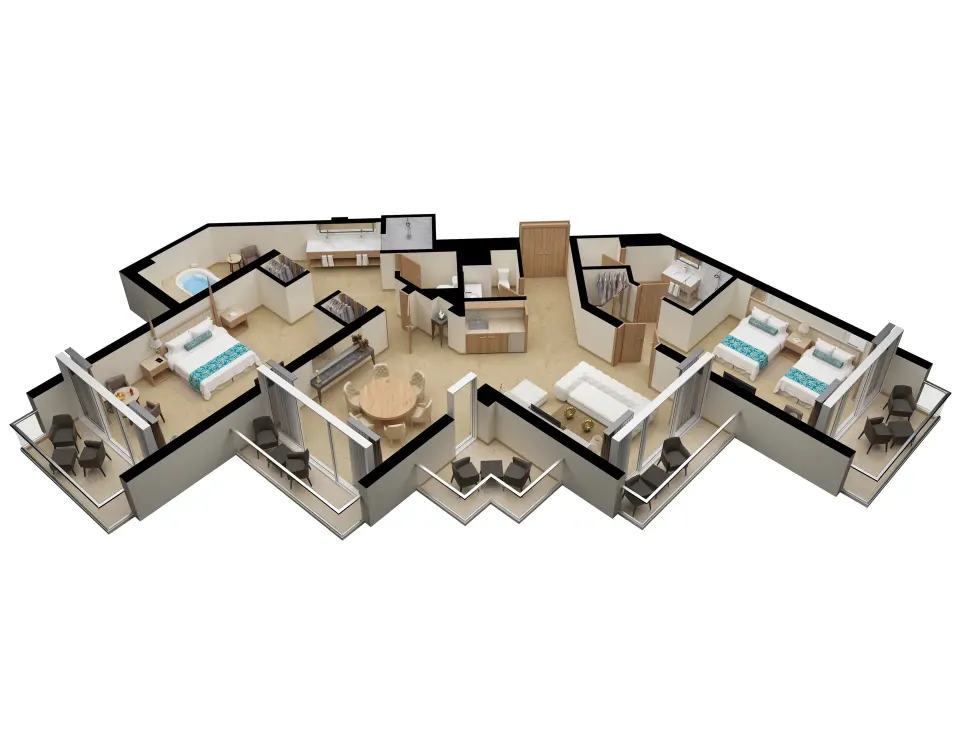 Wide 3D suite floor plan with bedrooms and balconies at Moon Palace Jamaica.