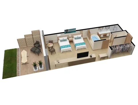 Superior Walk Out Suite Ocean View floor plan with two beds at Moon Palace Jamaica.