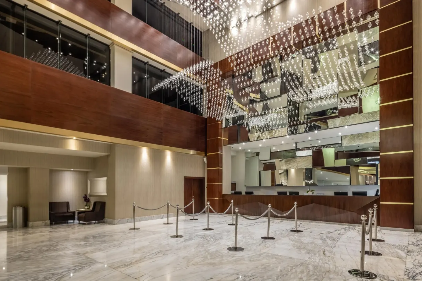 Reception area with crystal ceiling installation at Moon Palace Nizuc.