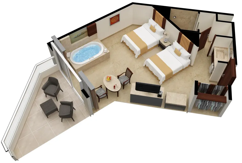 Superior Deluxe Garden View two-bed room layout with balcony at Moon Palace Nizuc.