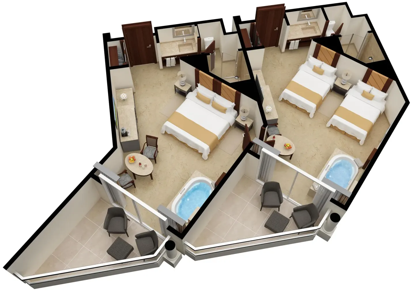 3D floor plan of a two-room family suite at Moon Palace Nizuc.
