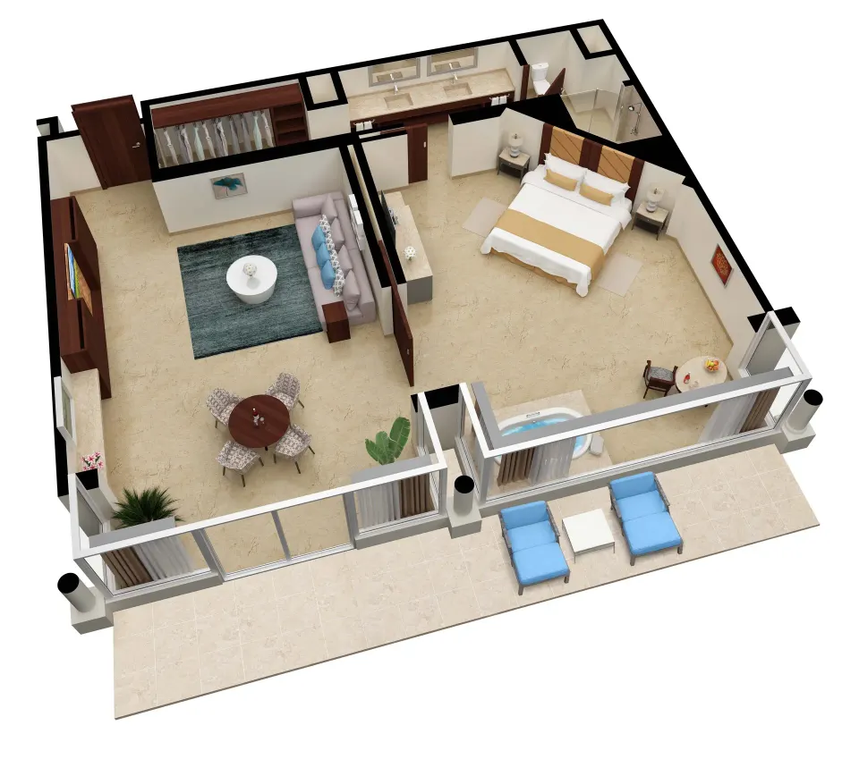Superior Governor Suite ocean-view king floor plan rendering at Moon Palace Nizuc.