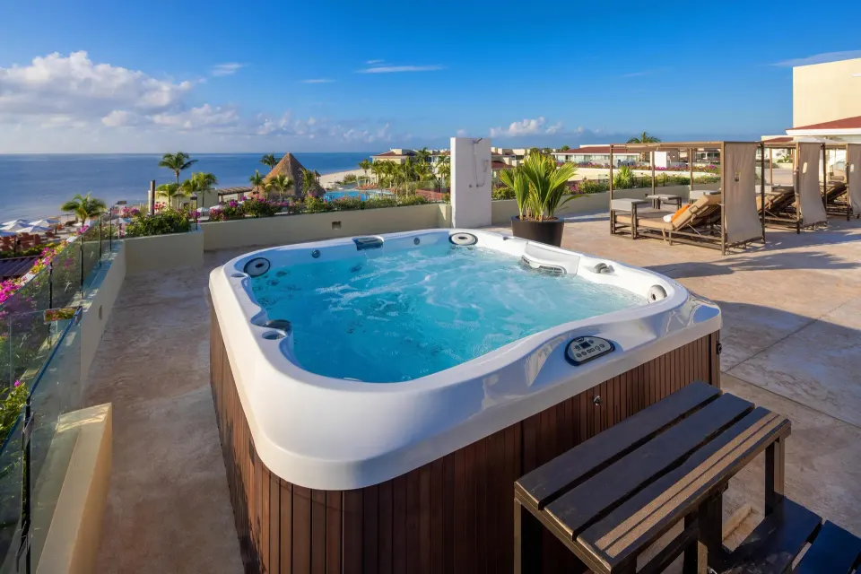 Superior Governor Suite ocean-view terrace hot tub at Moon Palace Nizuc.