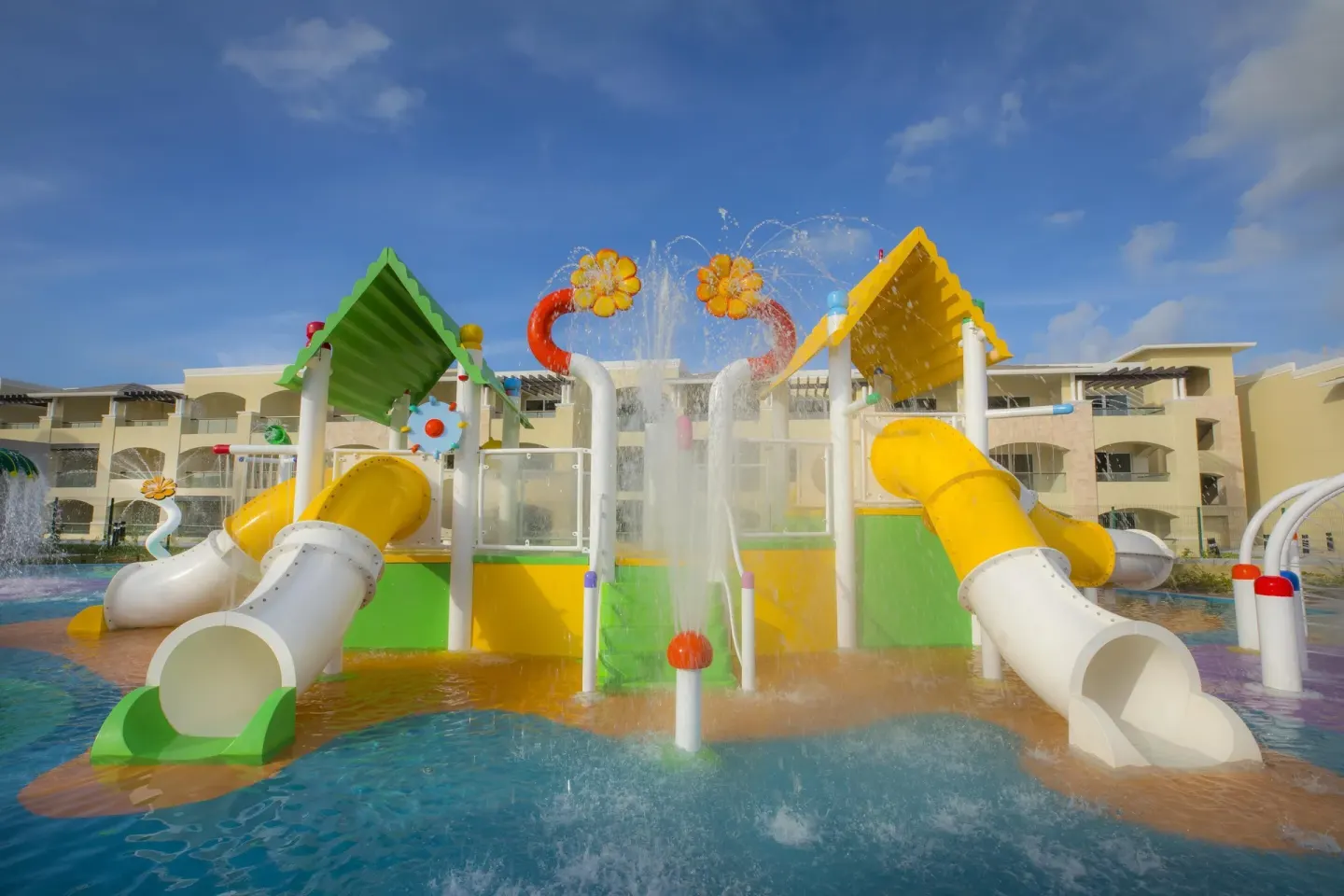 Colorful children's splash area with slides at Moon Palace The Grand Cancun.