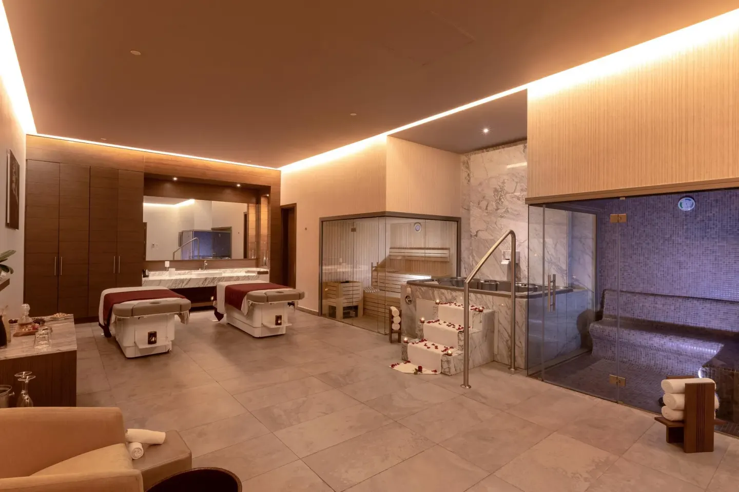 Spa treatment room with sauna, steam room and hydrotherapy tub at Moon Palace The Grand Cancun.